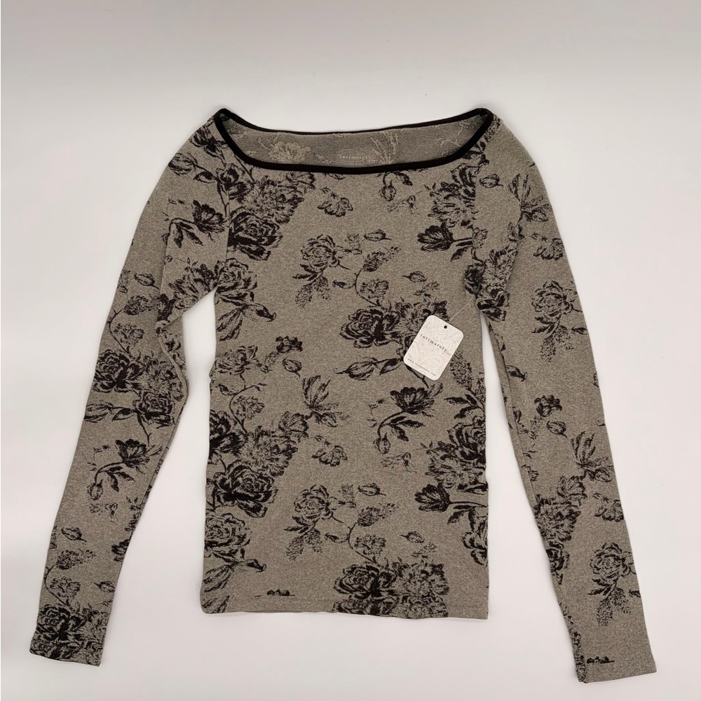 Free People Black and Gray Floral Long Sleeve Top